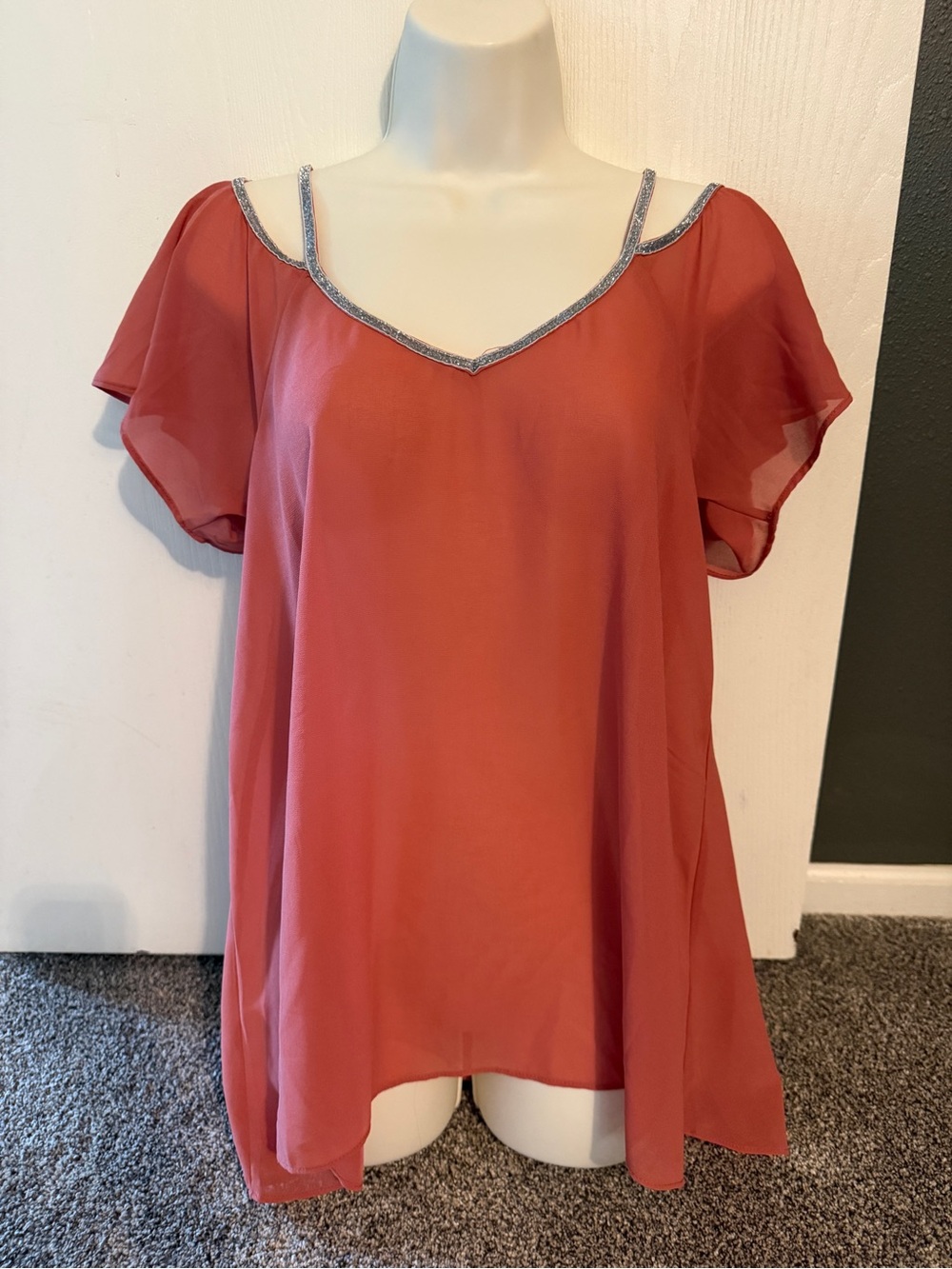 Women's Coral Cold-Shoulder V-Neck Blouse with Trim